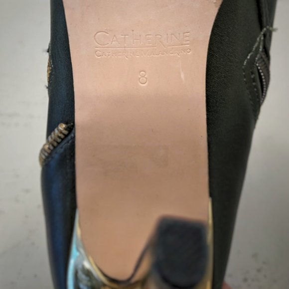 CATHERINE MALANDRINO Gold Stiletto Heel Zipper Detail Olive Green Ankle Boot Sz8 - Picture 5 of 12